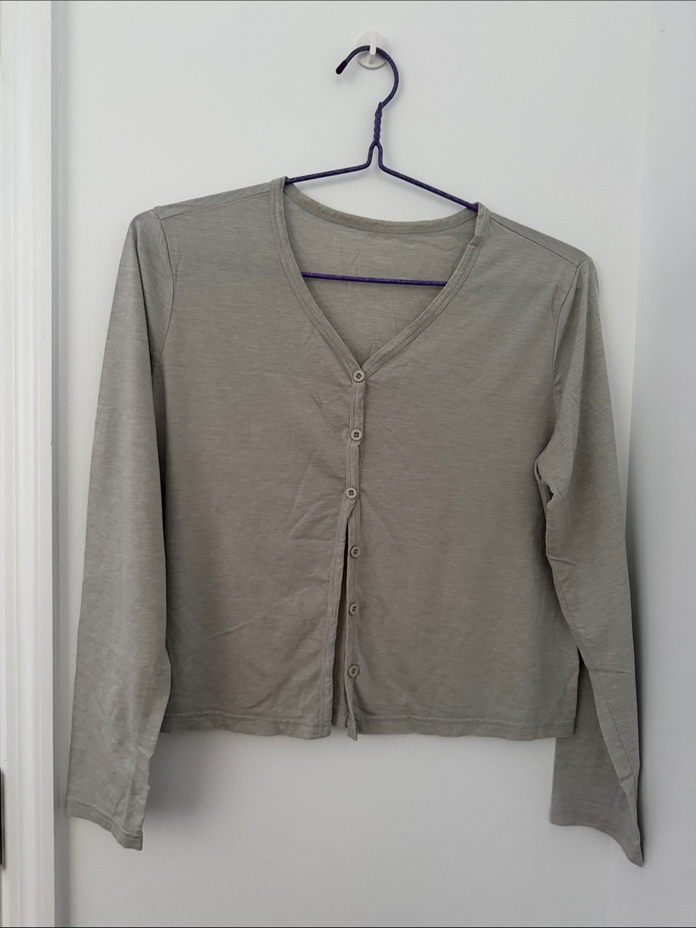 Vintage Light Sage Button-Up V-Neck Long-Sleeve Top - Women